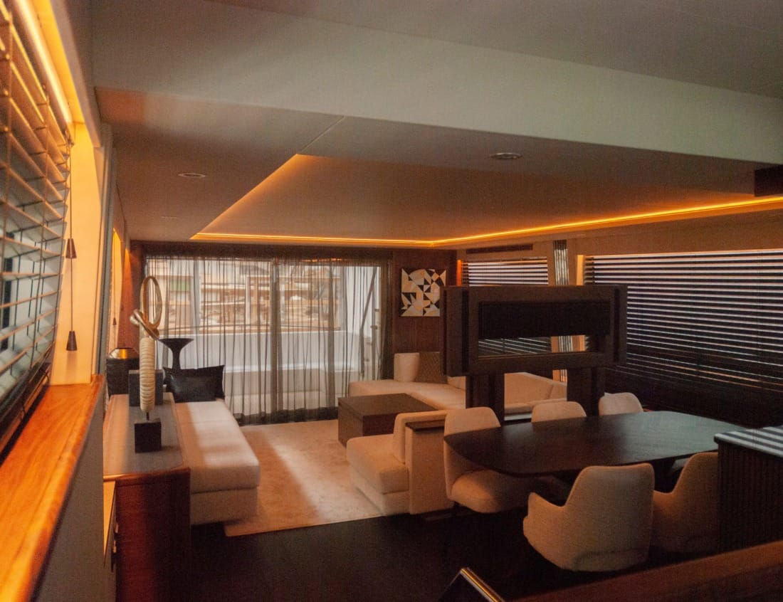 Interior of a Phantom Expedition 80 Flybridge yacht (P-Series) with lounge and dining area.