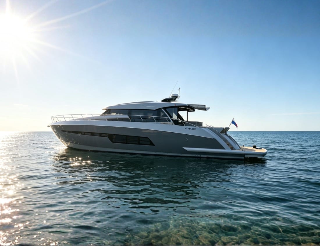 Phantom 65 Coupé (P-Series) yacht cruising on calm blue water in bright sunlight.
