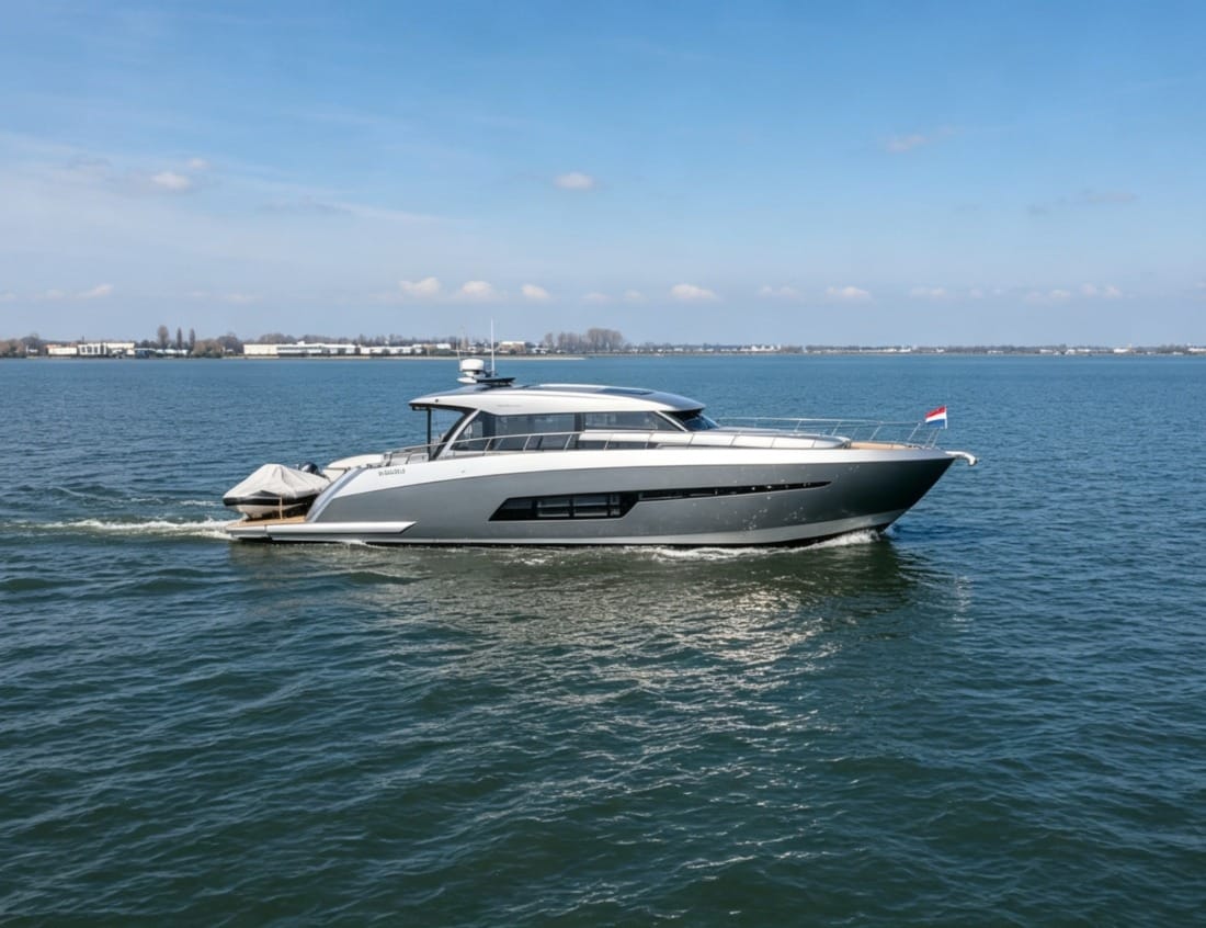 Phantom 65 Coupé (P-Series) yacht cruising across open water under a clear blue sky.