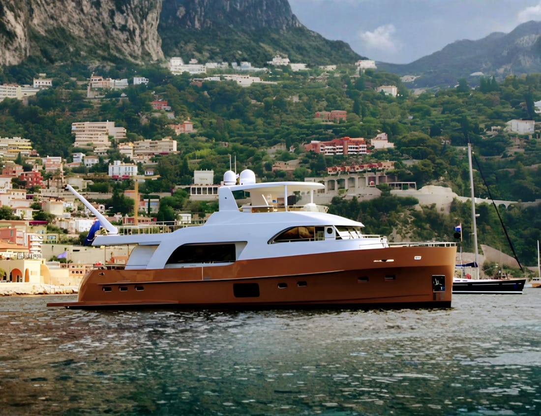 VDHY Explorer 2100 (EX-Series) on the water with a coastal town and mountains in the background