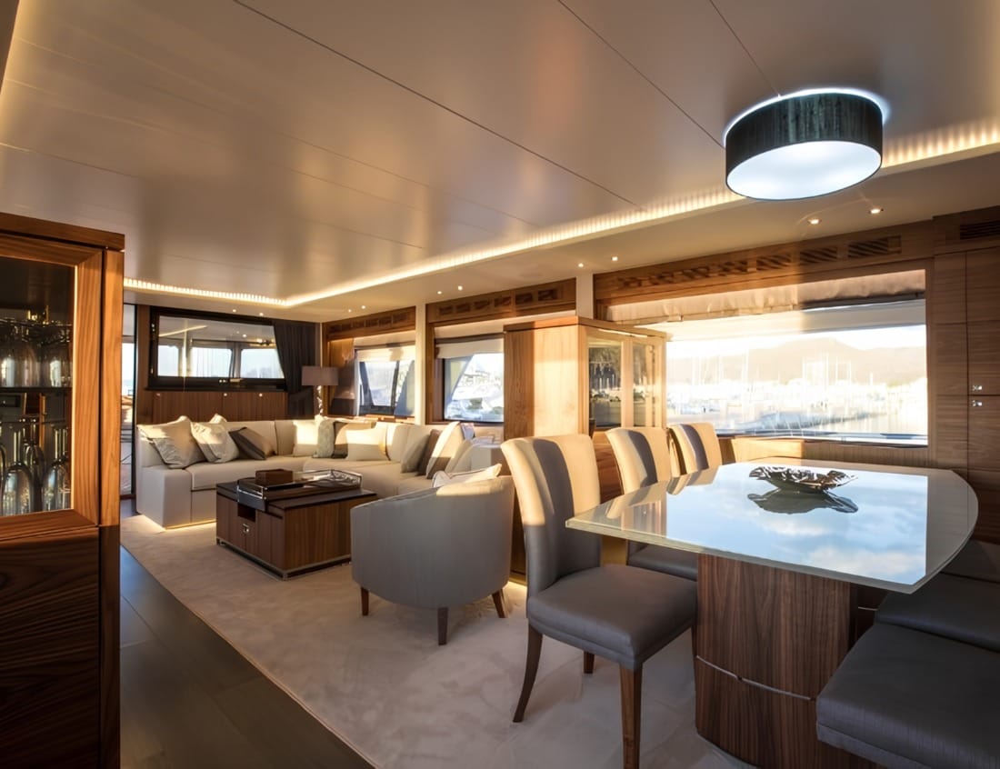 Interior of a VDHY Explorer 2400 yacht with dining and lounge area (EX-Series)