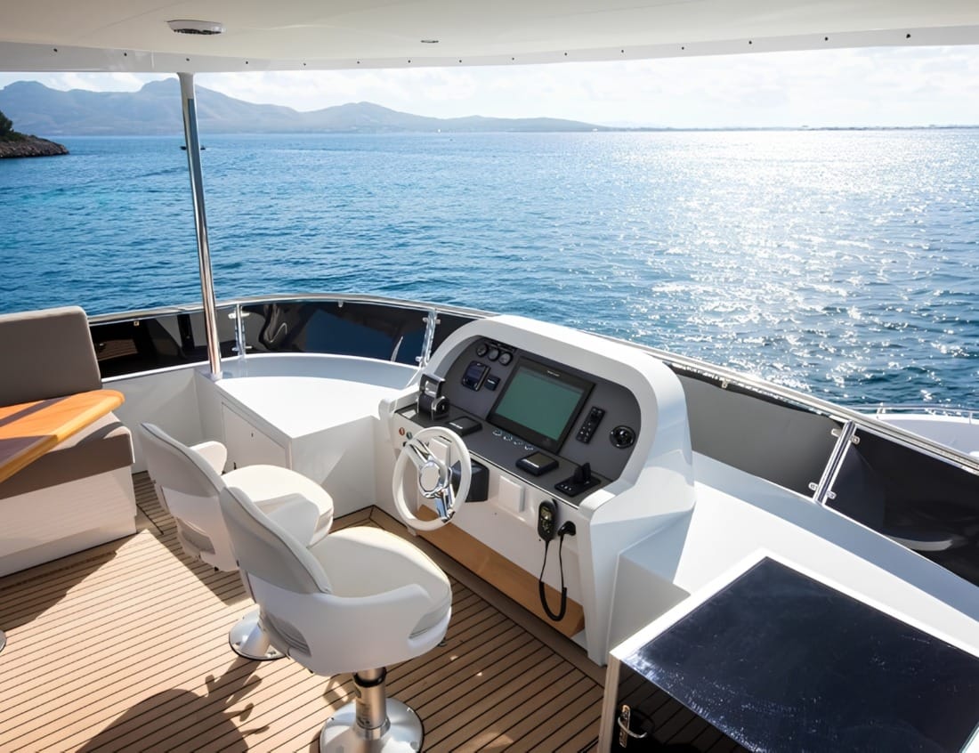 Luxury helm station of the VDHY Explorer 2400 (EX-Series) motor yacht overlooking a sunny sea and coastline.