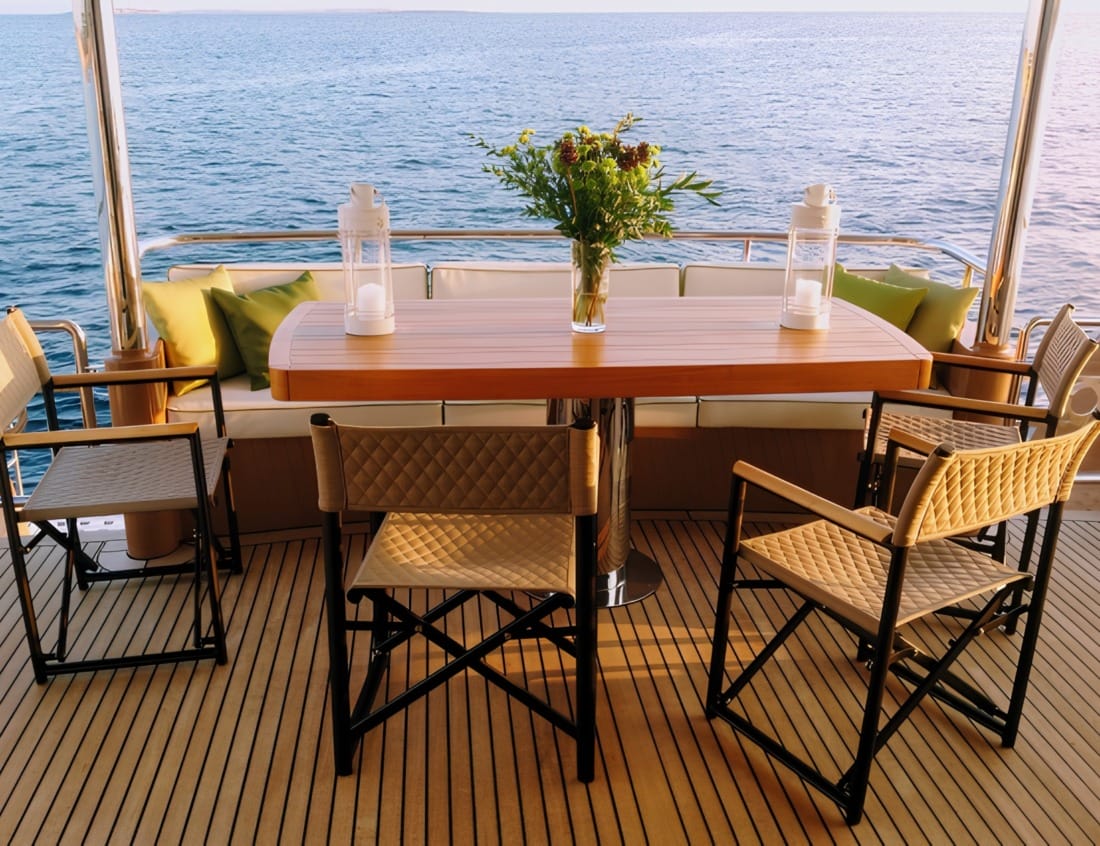 Aft deck dining area of a VDHY Explorer 2100 yacht (EX-Series)