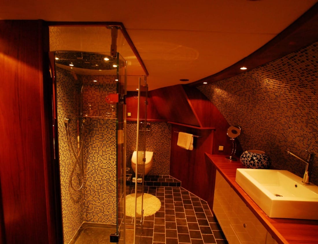 Bathroom of a Dynamic Deluxe 2100 - Dynamic Series with glass shower, washbasin and mosaic tile finishes.