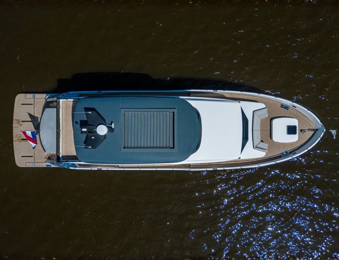 Aerial top view of a Phantom 80 Van der Heijden Yachts on the water
