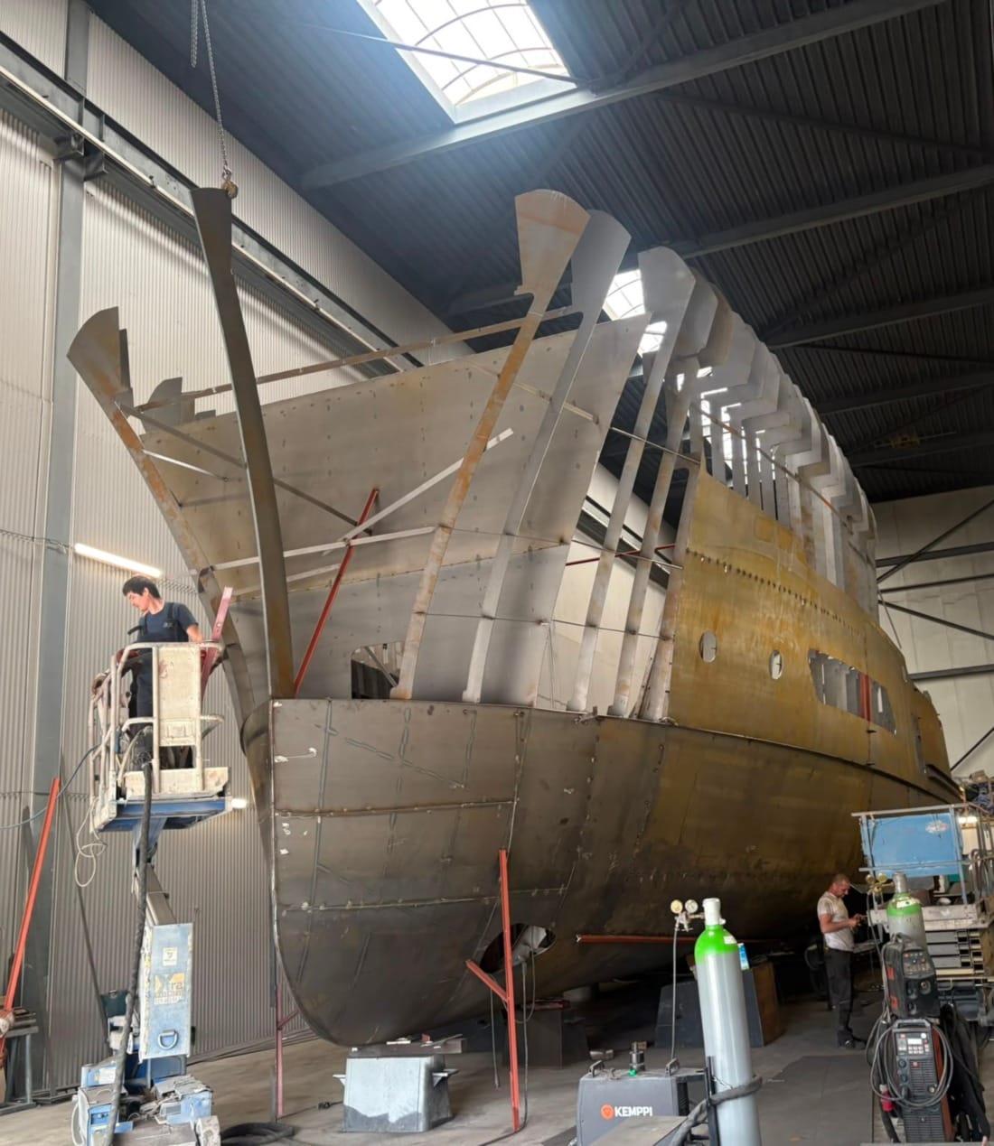 Steel yacht of 27 M in the making at the shipyard in Waalwijk, the Netherlands