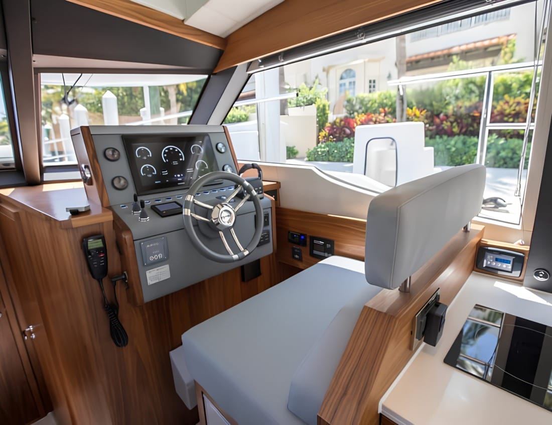 Helm station of a Hayden Sedan - Hayden Series with steering wheel, instrument panel and bench seating.