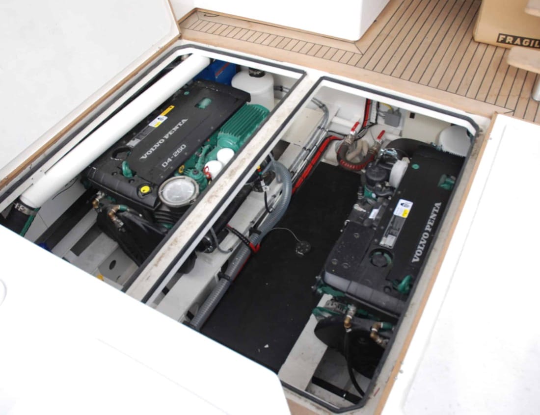 Engine room of a Hayden Flybridge - Hayden Series with twin Volvo Penta engines viewed through an open deck hatch.
