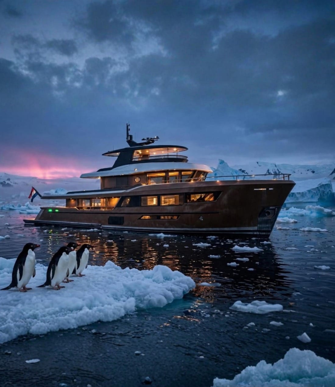 VDH Explorer robuust jacht in het water tussen het ijs waar pinguïns op staan